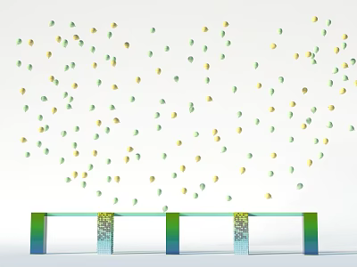 Floral Installation With Suspended Green Yellow Spheres And Colorful Rectangular Bases 3d model