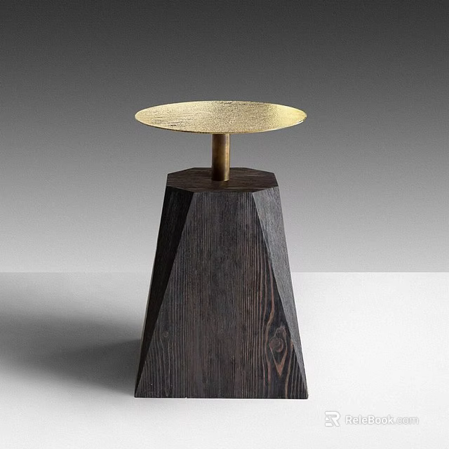 Modern Side Table With Golden Round Tabletop And Dark Wooden Geometric Base 3d model