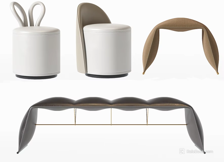 Modern Sofa Stools With Curved Design White Beige Brown Leather And Metal Legs 3d model 