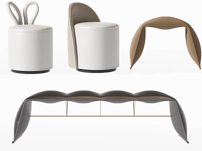 Modern Sofa Stools With Curved Design White Beige Brown Leather And Metal Legs 3d model