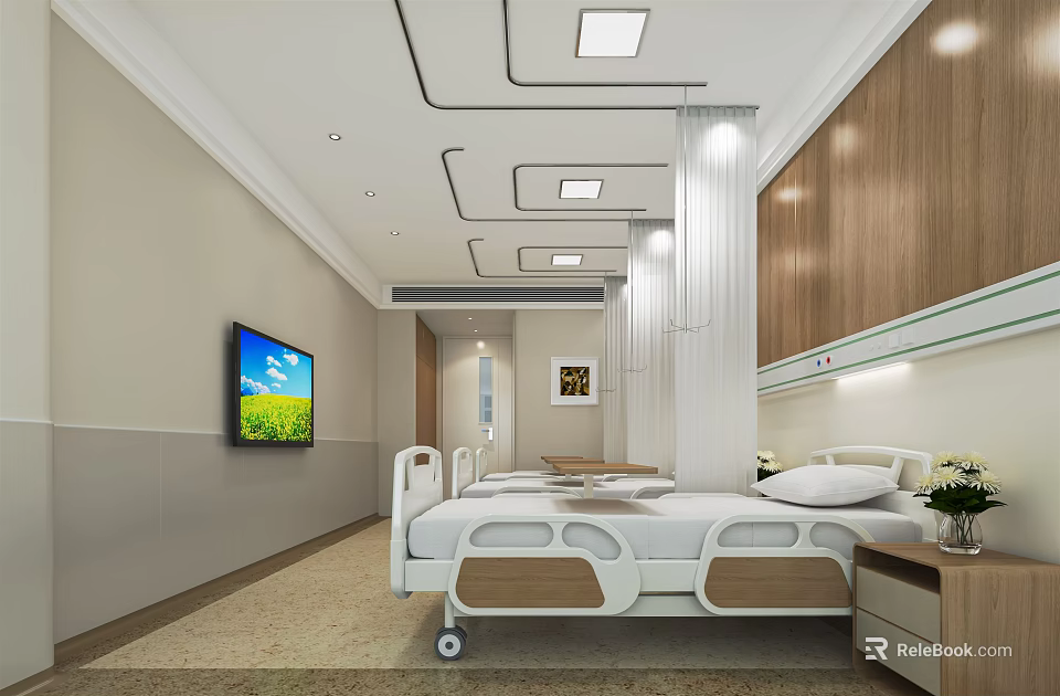Modern Hospital Room Interior With Bed TV Wooden Wall Panels And Lights 3d model 