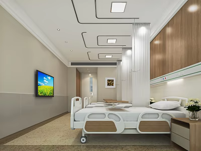 Modern Hospital Room Interior With Bed TV Wooden Wall Panels And Lights 3d model