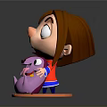 Cartoon Figurine With Brown Hair Big Eyes Red Shirt Holding Purple Animal On Wooden Base