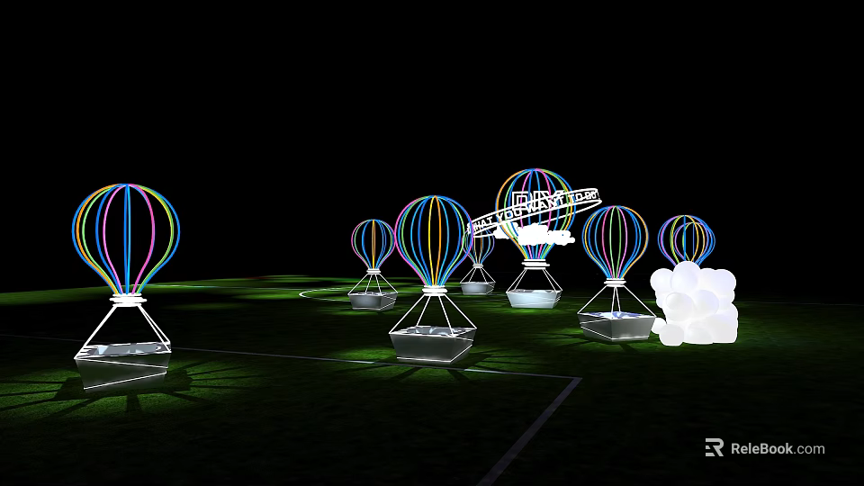 Colorful Hot Air Balloon Lights Photo Check In Spot on Grass Field at Night 3d model 