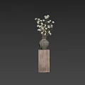 Rustic Terracotta Vase With White Flowers On Wooden Pedestal In Bright Corridor With Blue Door