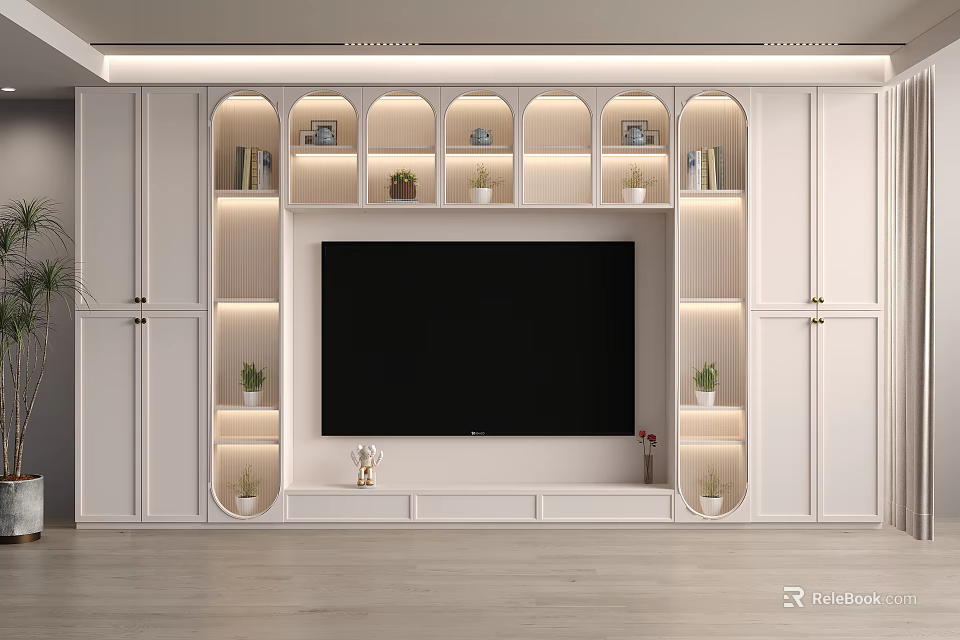 Modern White TV Cabinet with Lighted Shelves Built-in TV and Decorative Plants 3d model 