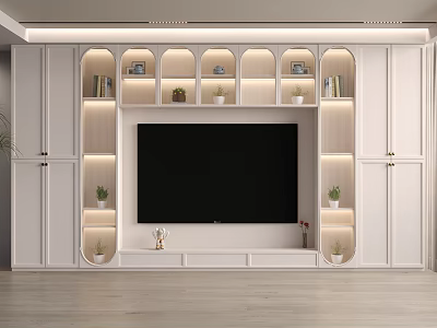 Modern White TV Cabinet with Lighted Shelves Built-in TV and Decorative Plants 3d model
