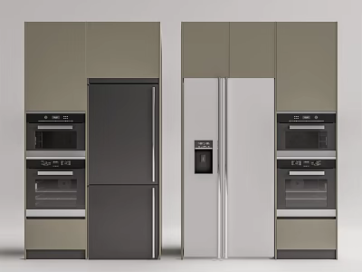 Modern Kitchen Black and Silver Refrigerators with Built-in Ovens and Cabinets Design 3d model