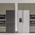 Modern Kitchen Black and Silver Refrigerators with Built-in Ovens and Cabinets Design