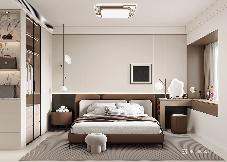 Modern Bedroom Interior Design With Brown Headboard White Pillows Nightstand And Glass Wardrobe 3d model 