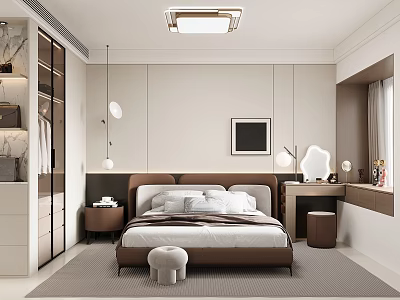 Modern Bedroom Interior Design With Brown Headboard White Pillows Nightstand And Glass Wardrobe 3d model