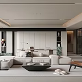Modern Minimalist Living And Dining Room With Large Sofa Coffee Table And Storage Cabinets