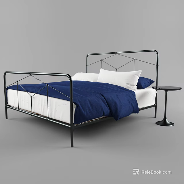 Black Metal Double Bed with Geometric Frame Blue Comforter White Pillows and Side Table 3d model 