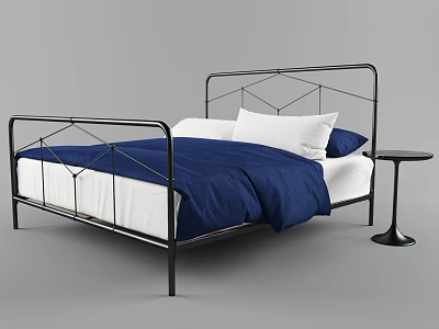 Black Metal Double Bed with Geometric Frame Blue Comforter White Pillows and Side Table 3d model