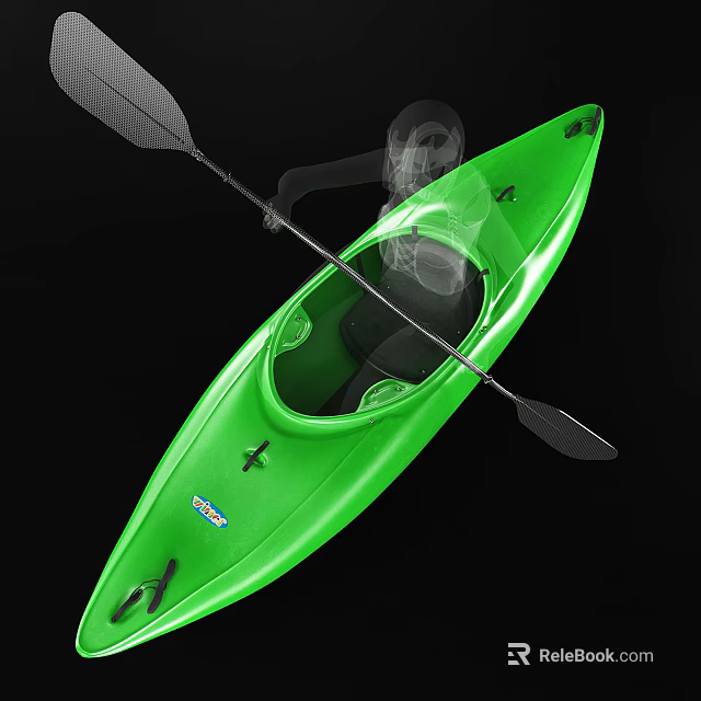 Green Kayak With Paddle And Skeleton Figure On Black Background 3d model 