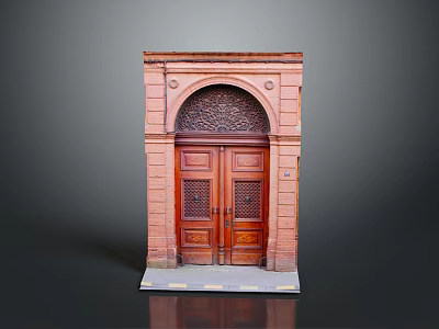 Traditional Wooden Door With Red Brick Frame And Arched Carved Top Design 3d model