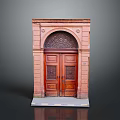 Traditional Wooden Door With Red Brick Frame And Arched Carved Top Design