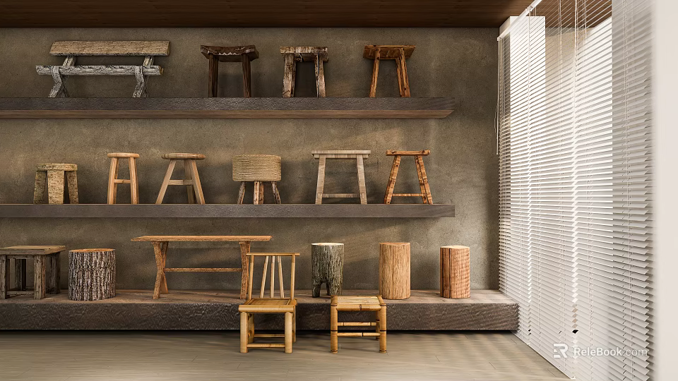 Wooden Stools With Various Designs Displayed On Shelves In Gray Wall Interior 3d model 
