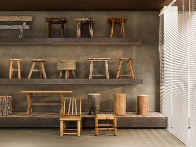 Wooden Stools With Various Designs Displayed On Shelves In Gray Wall Interior 3d model