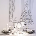 Elegant Tableware Set with Blue Decorative Balls Candles and Wine Glasses on Plaid Tablecloth
