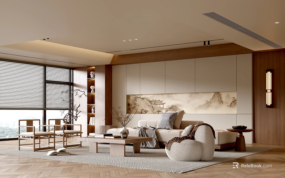 Modern Living Room Interior With Wooden Accents Sofa Coffee Table And Floor To Ceiling Windows 3d model 