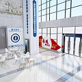 Government Service Hall Spacious Bright Interior With Large Windows White Pillars Blue Signs Seating Areas
