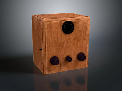 Vintage Computer with Wooden Square Case Black Circular Display and Three Control Knobs 3d model