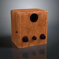 Vintage Computer with Wooden Square Case Black Circular Display and Three Control Knobs
