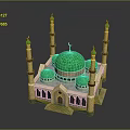 Islamic Mosque 3D Model With Green Dome Small Domes And Minarets 3d model
