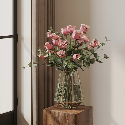 Pink Roses Bouquet In Geometric Glass Vase With Green Leaves And Metal Frame 3d model