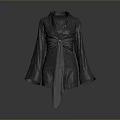 Gray Long Sleeve V Neck Shirt With Ruched Waist And Tie Detail For Daily Wear