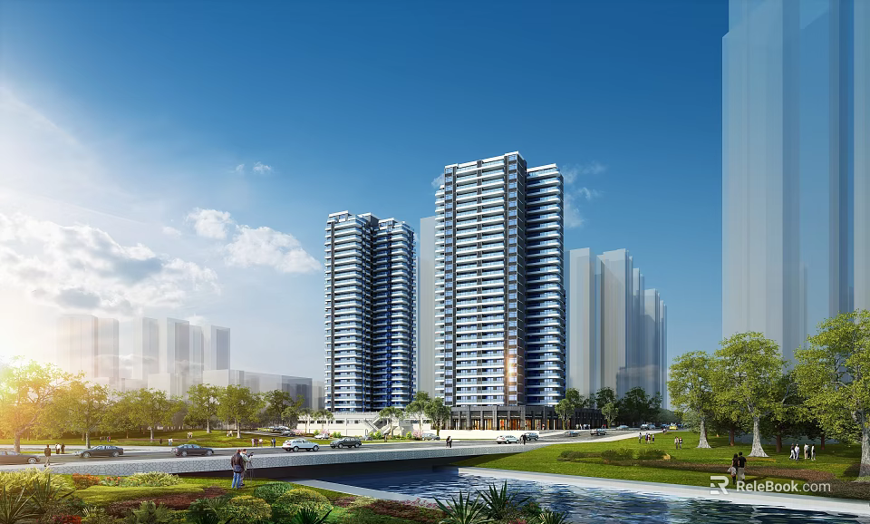 Modern High Rise Residential Buildings With Greenery Water Feature And Urban Skyline 3d model 
