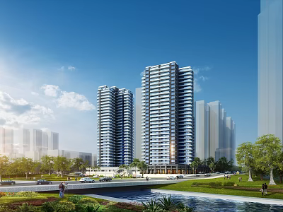 Modern High Rise Residential Buildings With Greenery Water Feature And Urban Skyline 3d model
