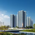 Modern High Rise Residential Buildings With Greenery Water Feature And Urban Skyline