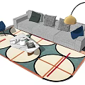 Modern Sofa and Coffee Table Set with Decorative Pillows Circular Pattern Rug and Floor Lamp 3d model