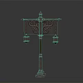 Vintage Carved Building Lamp Post With Double Orange Lanterns And Intricate Metal Design