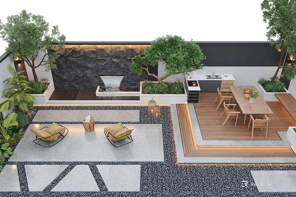 Courtyard Garden Design With Outdoor Lounge Dining Area Trees Decorative Wall And Stone Patio 3d model 