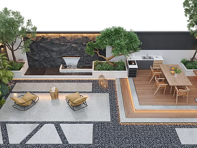 Courtyard Garden Design With Outdoor Lounge Dining Area Trees Decorative Wall And Stone Patio 3d model