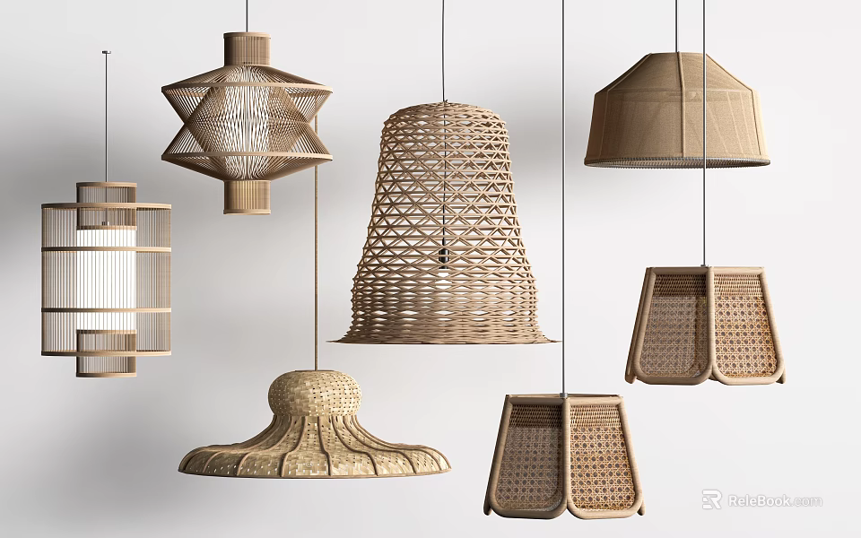 Stylish Woven Pendant Lights With Various Geometric And Natural Design Styles 3d model 
