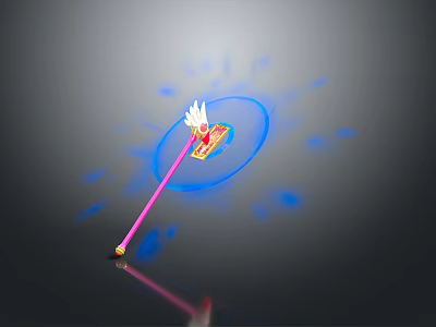 Glowing Magic Staff With Pink Shaft White Wing Decoration And Blue Aura Effects 3d model