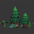 Cartoon Scene With Green Trees Small Ferns Colorful Stones And Pink Flowers