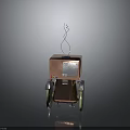 Copper Colored Square Robot With Curved Metal Antenna Green Wheels And Control Panel