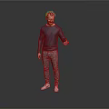 Man wearing dark blue long sleeve shirt gray pants white shoes with right hand extended