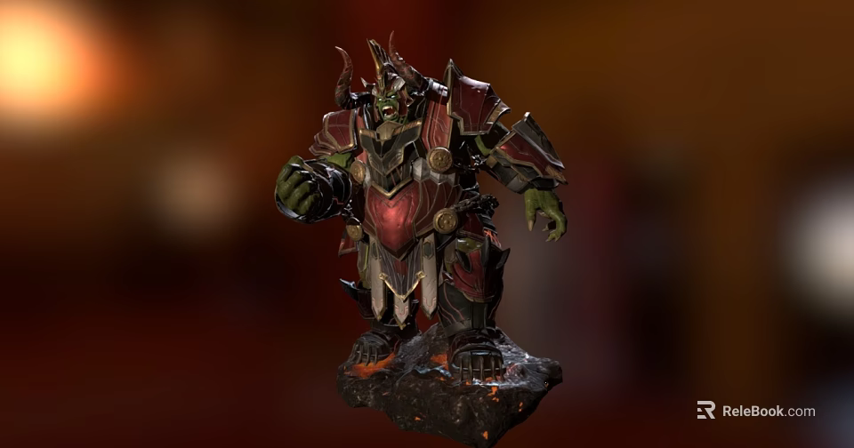Strong Green Skinned Orc Warrior In Red Black Armor With Horns Standing On Burning Rock 3d model 