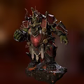 Strong Green Skinned Orc Warrior In Red Black Armor With Horns Standing On Burning Rock