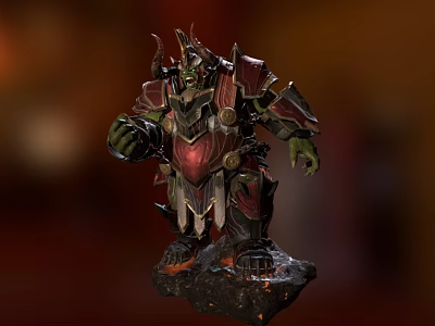 Strong Green Skinned Orc Warrior In Red Black Armor With Horns Standing On Burning Rock 3d model