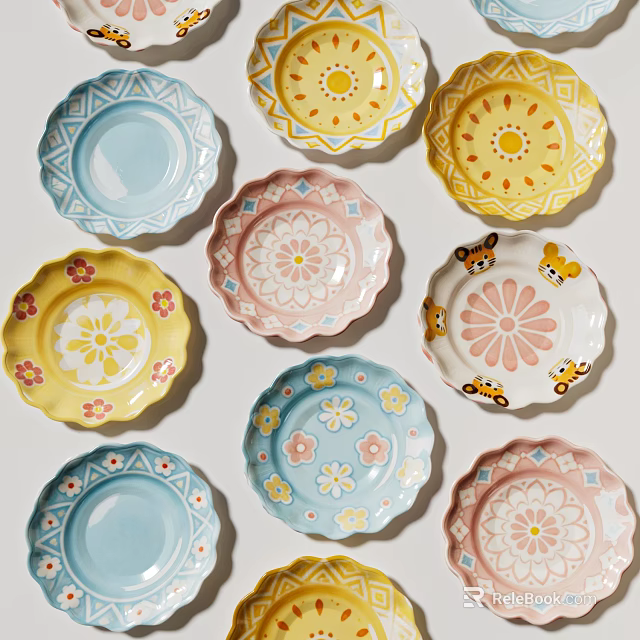 Colorful Tableware Set with Floral Patterns and Cartoon Tiger Designs in Various Colors 3d model 