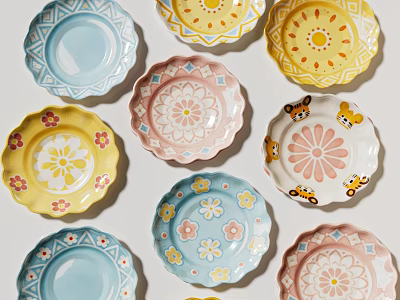 Colorful Tableware Set with Floral Patterns and Cartoon Tiger Designs in Various Colors 3d model