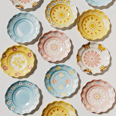 Colorful Tableware Set with Floral Patterns and Cartoon Tiger Designs in Various Colors 3d model