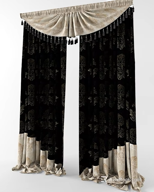 Elegant Black Curtains with Intricate Gold Patterns and Light Bottom Trim 3d model